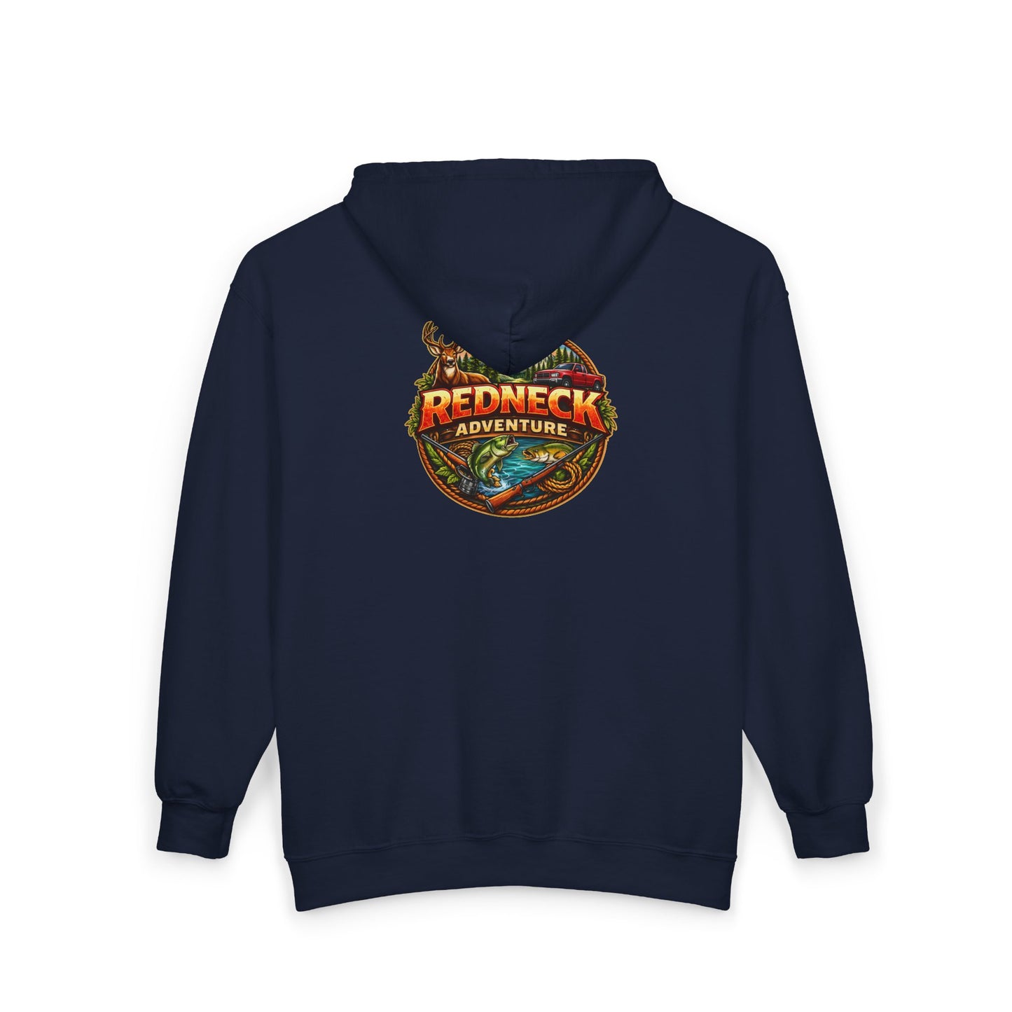 Redneck Adventure Zip Hoodie - Full Zip Hooded Sweatshirt with Outdoor Fishing & Hunting Emblem