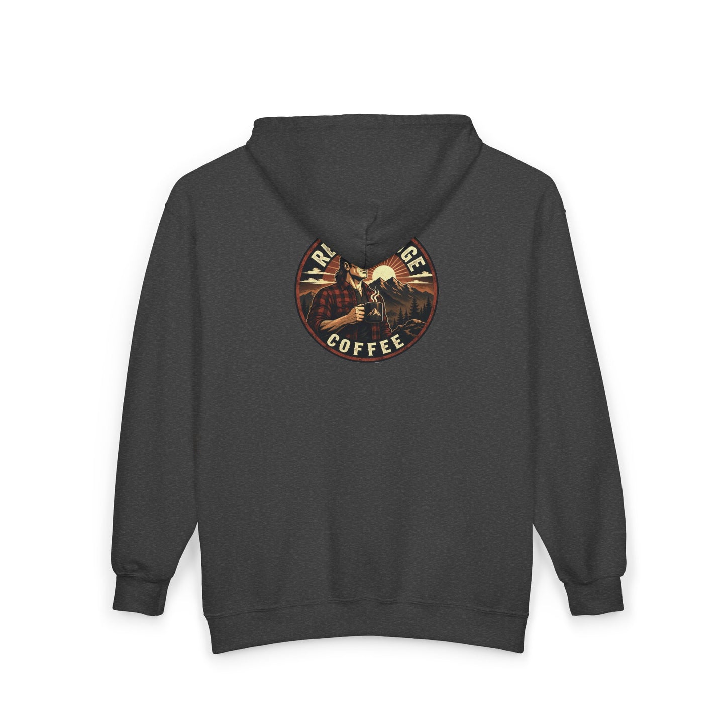 Rebel Ridge Coffee Zip Hoodie — Rustic ‘RNC’ Chest Logo & Vintage Back Patch