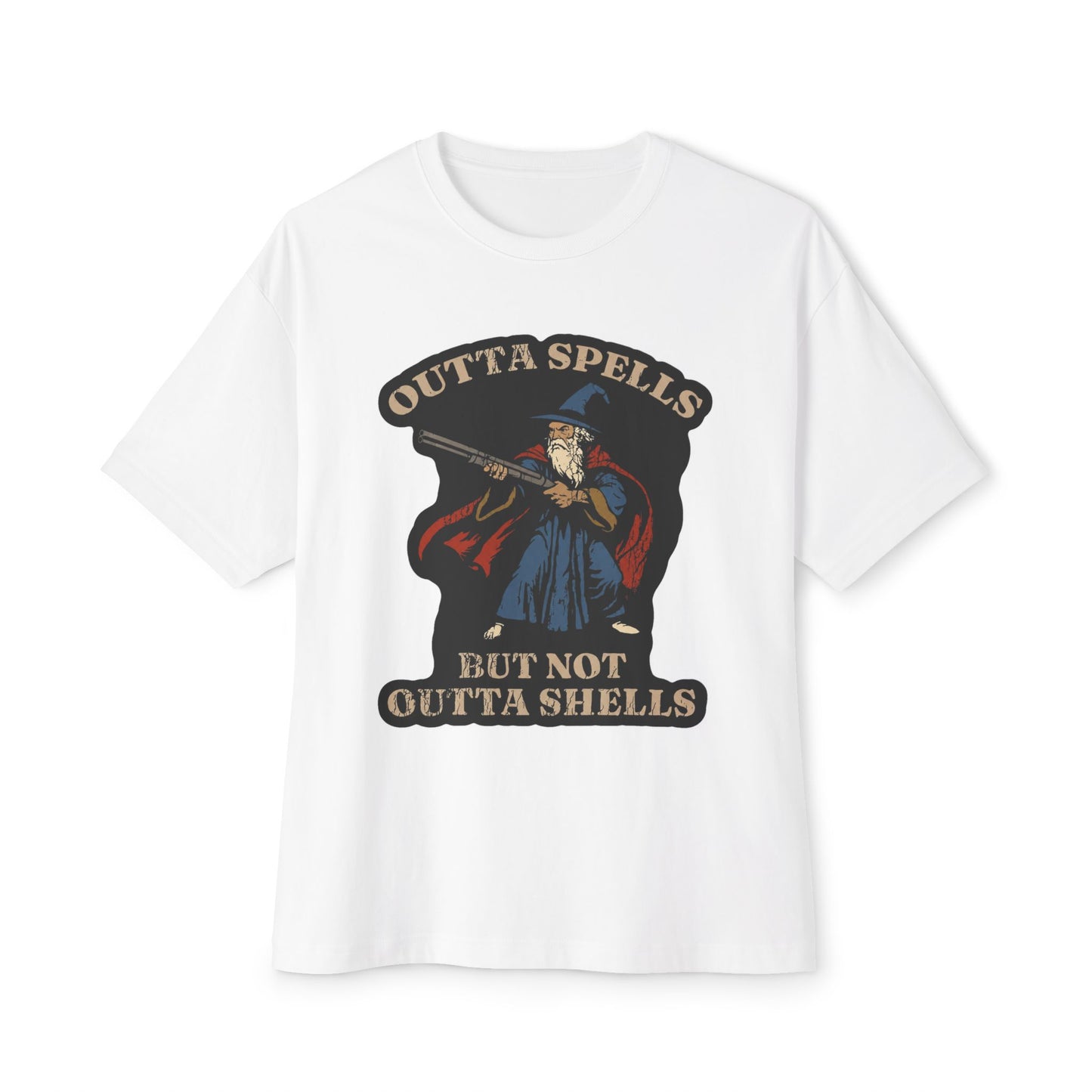 Wizard Shooter T‑Shirt — "Outta Spells But Not Outta Shells" Retro Graphic Tee