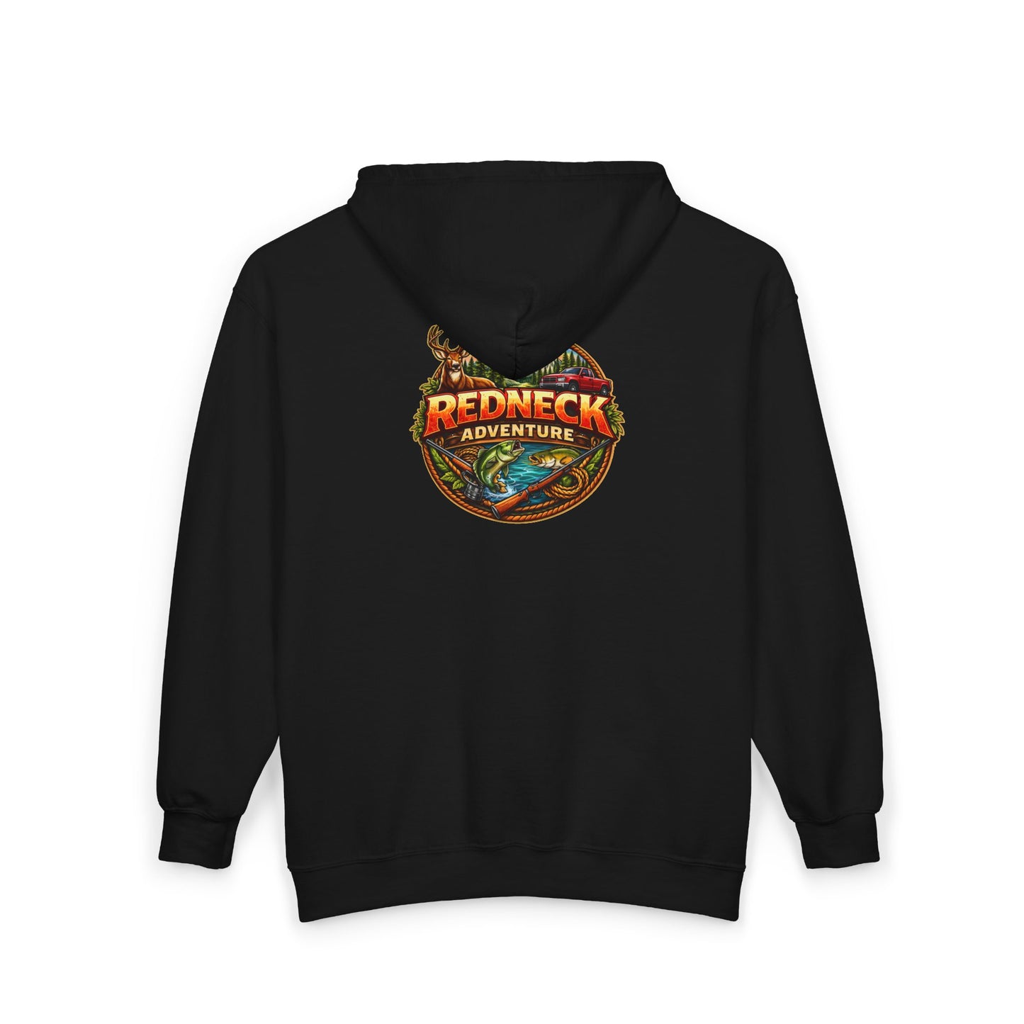 Redneck Adventure Zip Hoodie - Full Zip Hooded Sweatshirt with Outdoor Fishing & Hunting Emblem