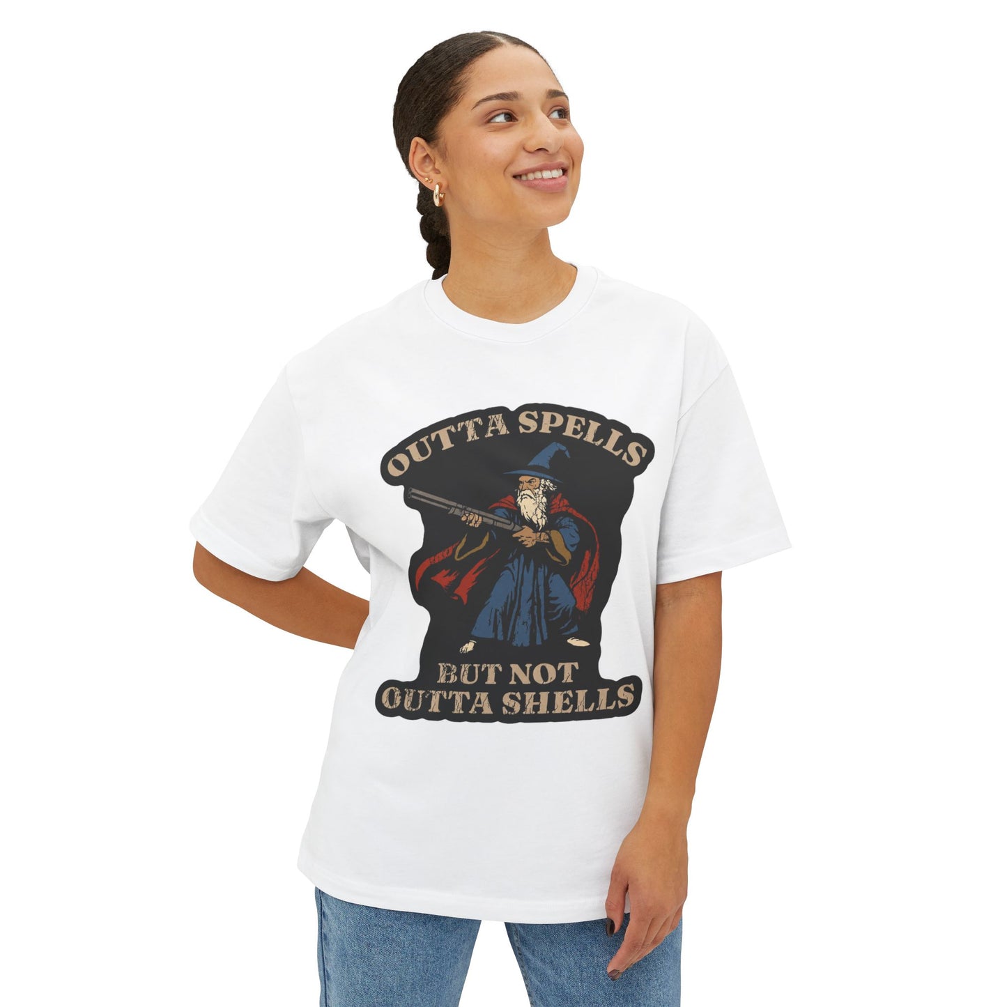 Wizard Shooter T‑Shirt — "Outta Spells But Not Outta Shells" Retro Graphic Tee