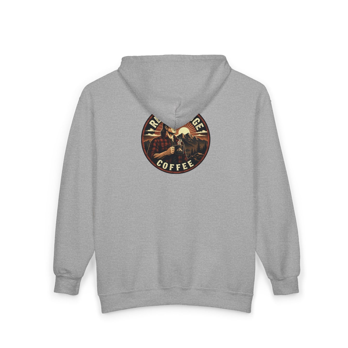 Rebel Ridge Coffee Zip Hoodie — Rustic ‘RNC’ Chest Logo & Vintage Back Patch
