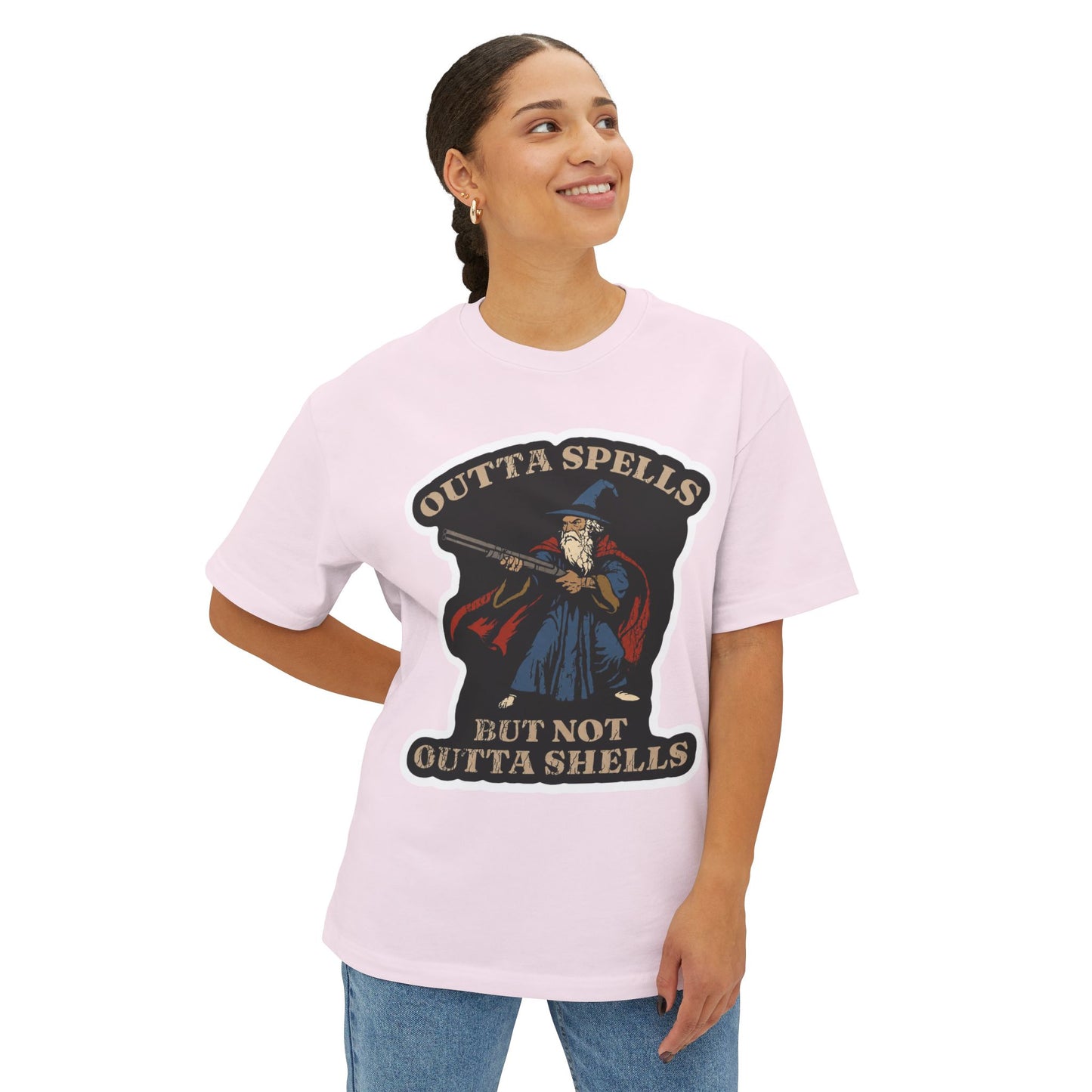 Wizard Shooter T‑Shirt — "Outta Spells But Not Outta Shells" Retro Graphic Tee