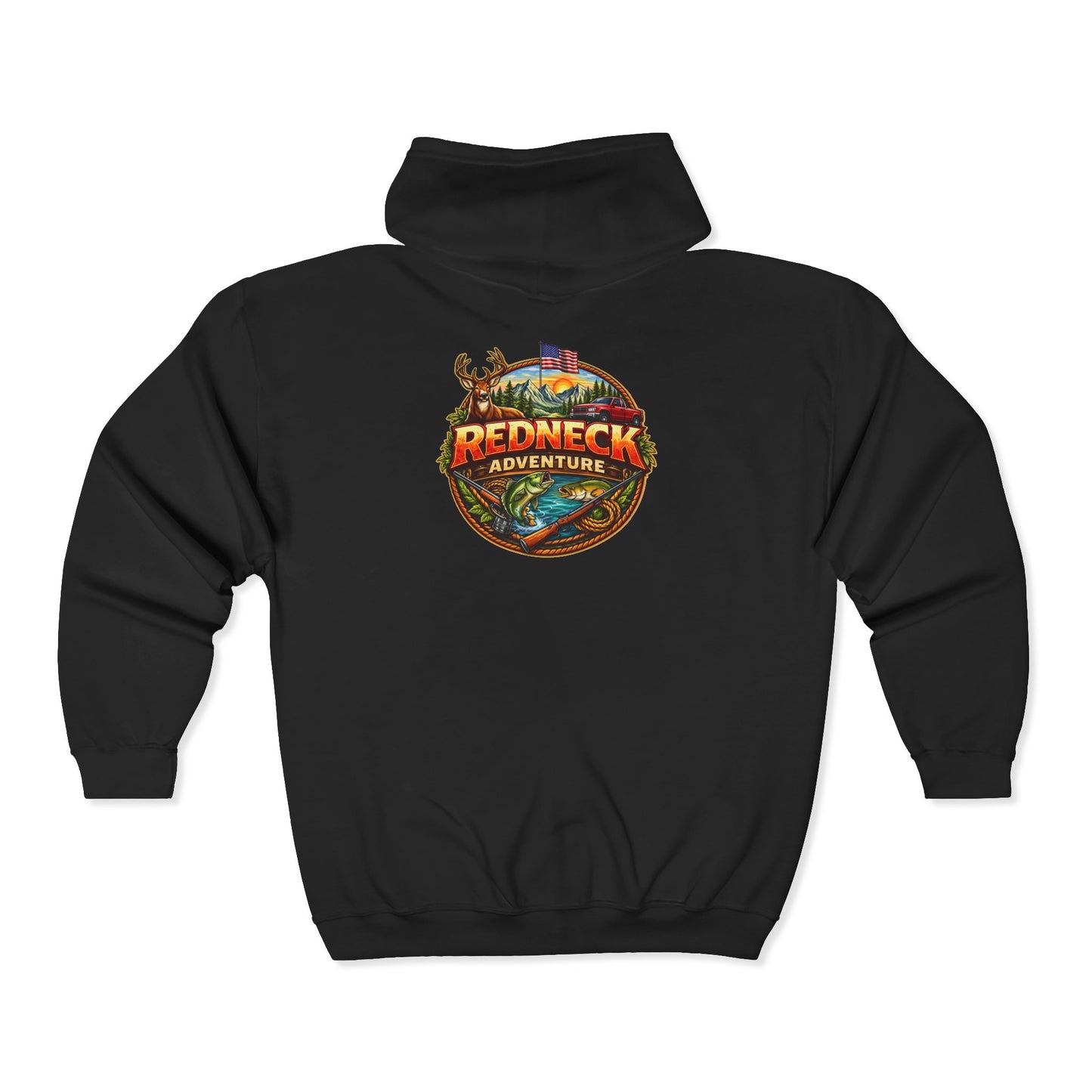 Redneck Adventure Zip Hoodie - Full Zip Hooded Sweatshirt with Outdoor Fishing & Hunting Emblem