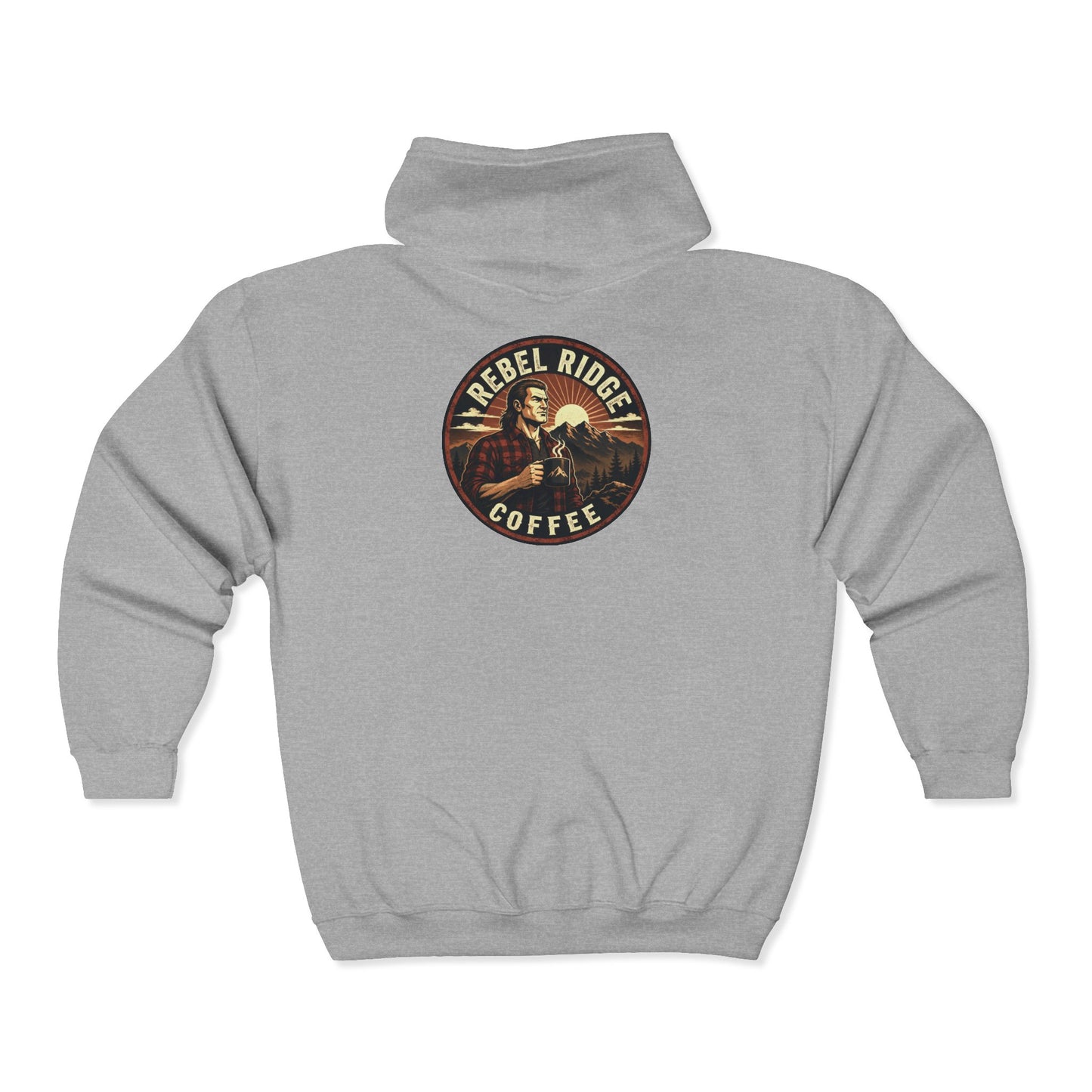 Rebel Ridge Coffee Zip Hoodie — Rustic ‘RNC’ Chest Logo & Vintage Back Patch