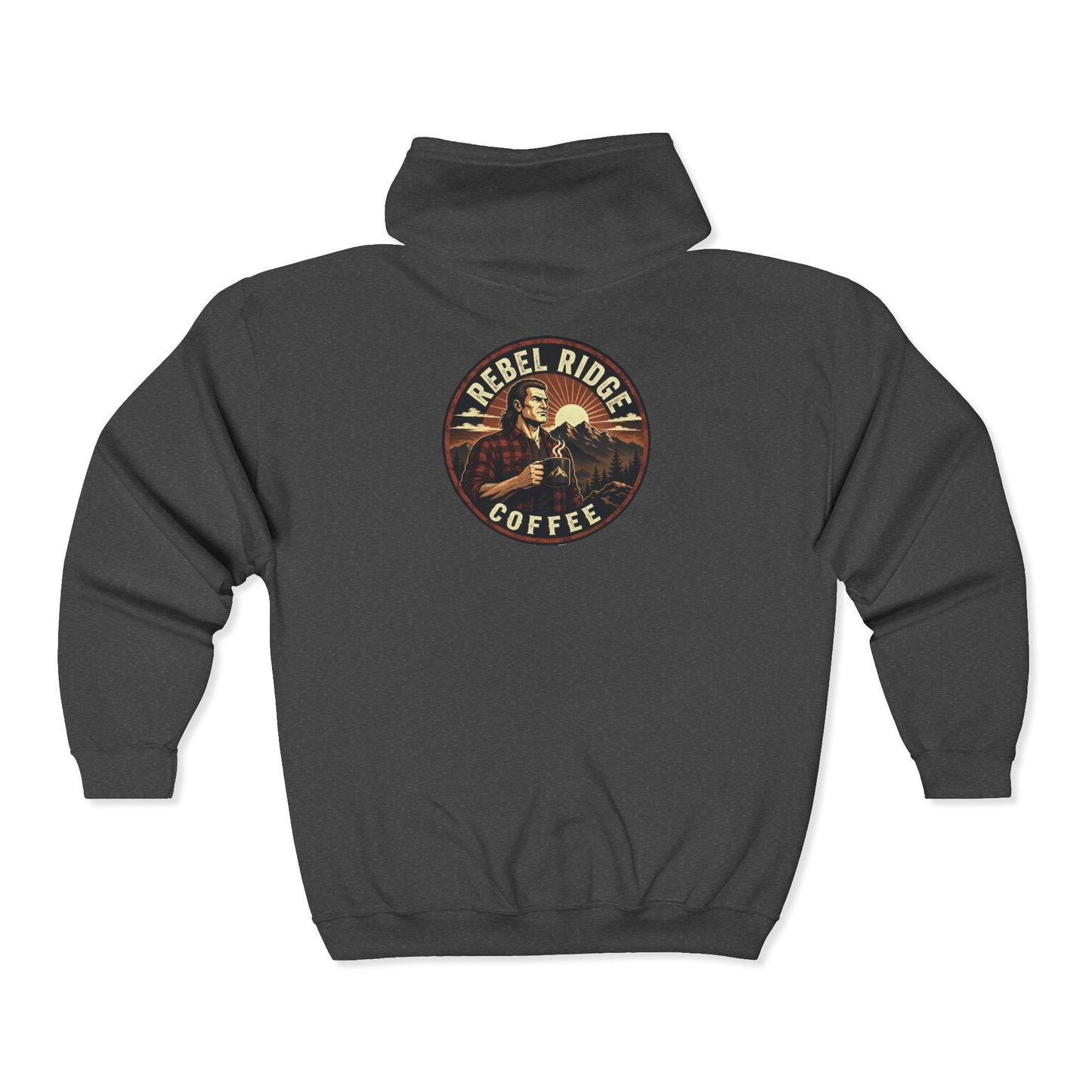 Rebel Ridge Coffee Zip Hoodie — Rustic ‘RNC’ Chest Logo & Vintage Back Patch