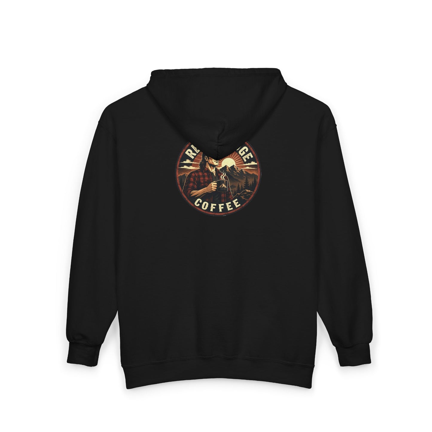 Rebel Ridge Coffee Zip Hoodie — Rustic ‘RNC’ Chest Logo & Vintage Back Patch