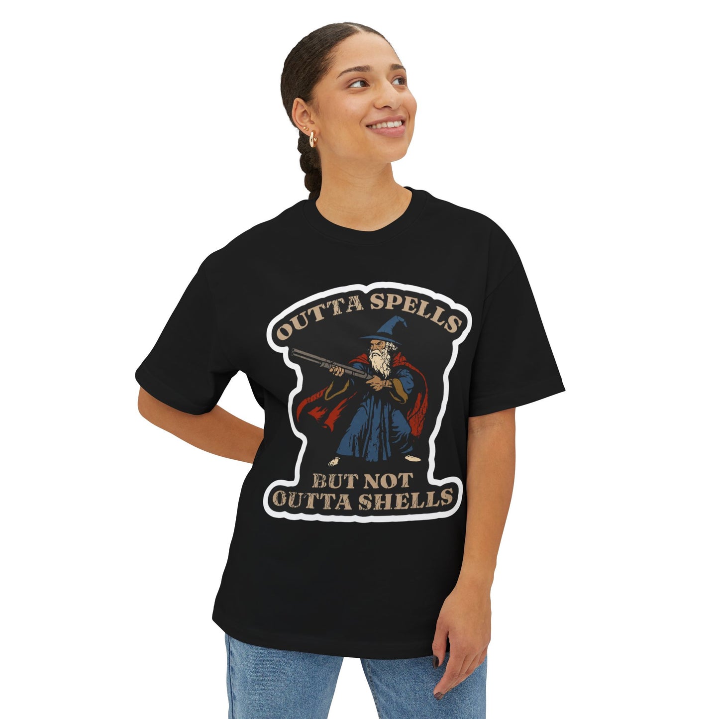 Wizard Shooter T‑Shirt — "Outta Spells But Not Outta Shells" Retro Graphic Tee