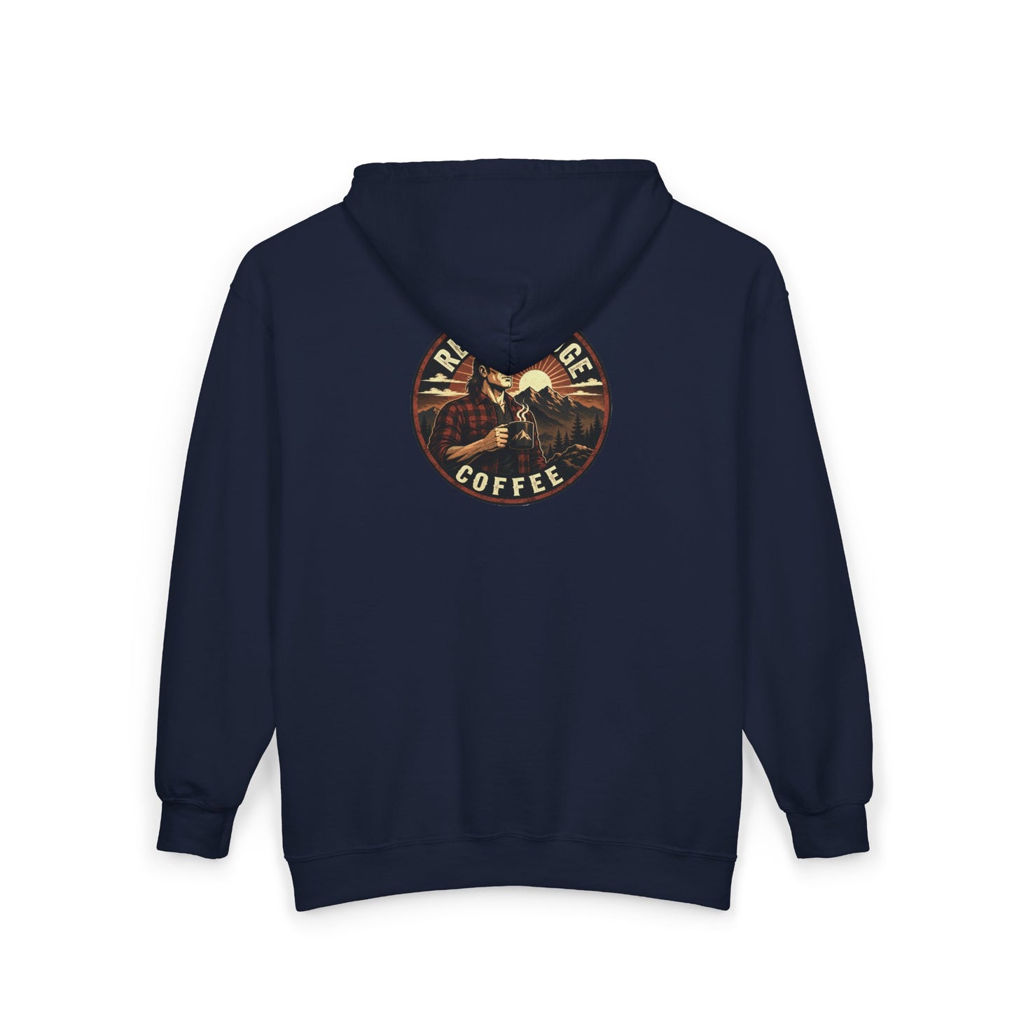 Rebel Ridge Coffee Zip Hoodie — Rustic ‘RNC’ Chest Logo & Vintage Back Patch