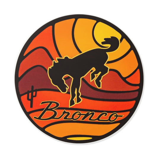 Bronco Round Vinyl Sticker — Retro Sunset Cowboy Rodeo Emblem