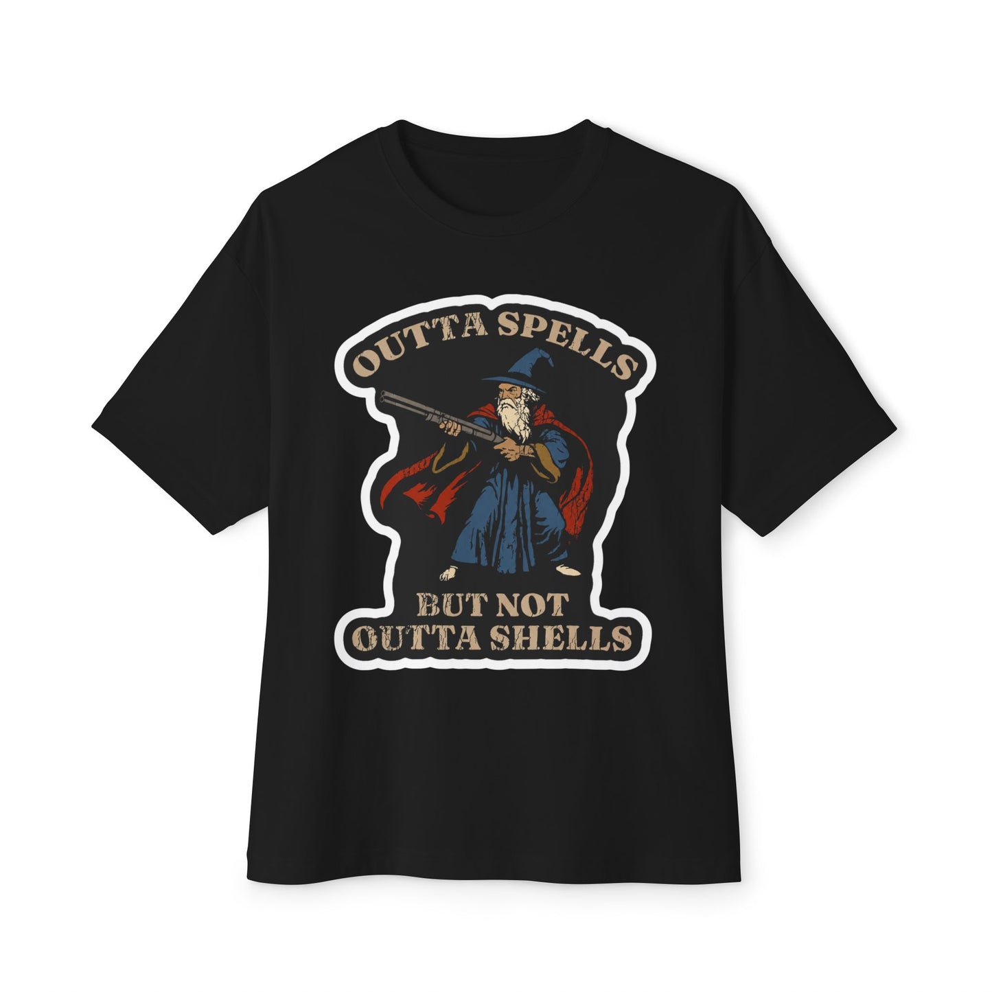 Wizard Shooter T‑Shirt — "Outta Spells But Not Outta Shells" Retro Graphic Tee