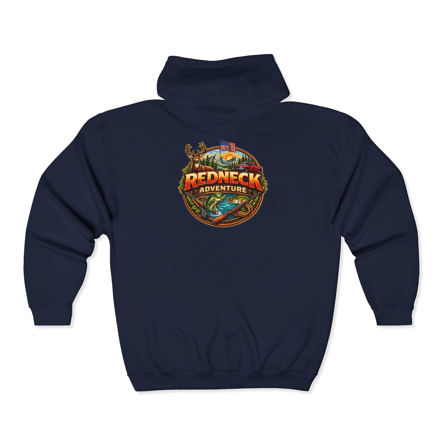 Redneck Adventure Zip Hoodie - Full Zip Hooded Sweatshirt with Outdoor Fishing & Hunting Emblem