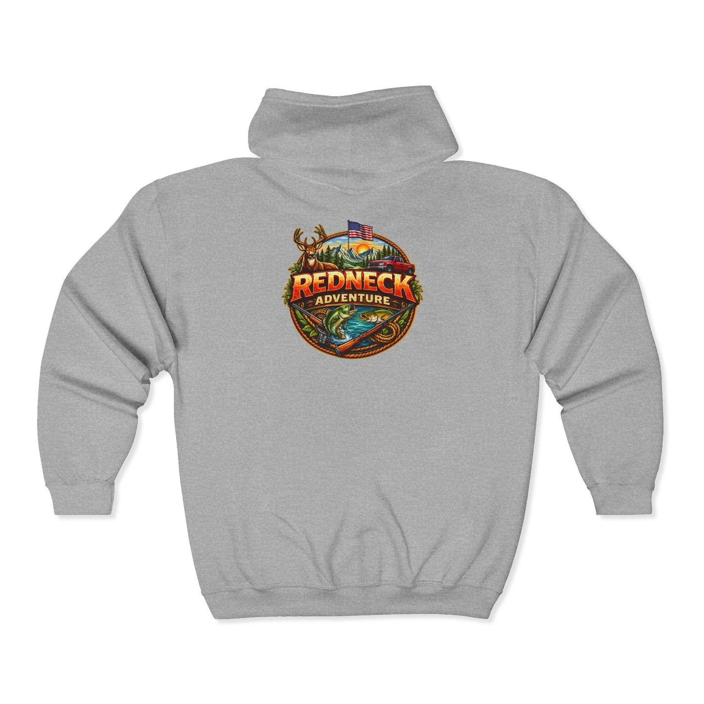 Redneck Adventure Zip Hoodie - Full Zip Hooded Sweatshirt with Outdoor Fishing & Hunting Emblem